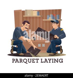 Construction workers installing parquet vector design of flooring service and house repair. Carpenter and handyman joining wooden panels of parquet wi Stock Vector