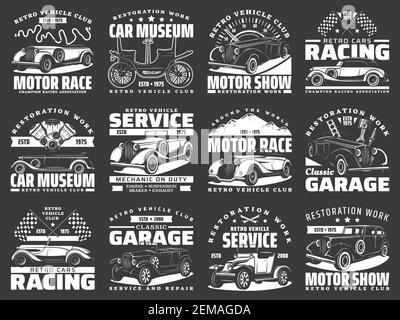 Car service and racing icons, retro motors rally and mechanic repair, vector emblems. Rarity vehicle motor show, auto club races tour and classic tran Stock Vector