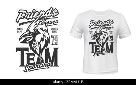 Cardinal bird t-shirt print mockup, sport team emblem. Friends Forever quote of sporting team or athletic department club with cardinal bird mascot fo Stock Vector