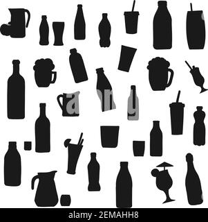 Alcohol and soft drink bottle vector silhouette icons. Bottles and cocktail glasses, fruit juice pitcher, soda cup with drinking straw, smoothie and m Stock Vector