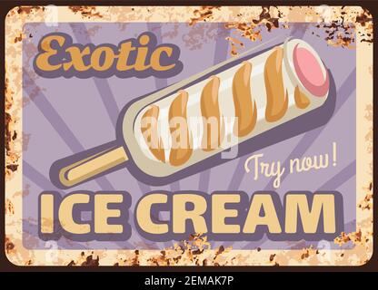 Ice cream stick, metal rusty vector plate. Milk ice cream bar on stick with white chocolate, caramel swirls and fruit stuffing vintage illustration. E Stock Vector