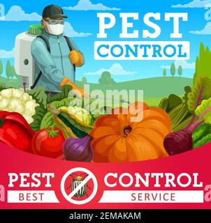 Agriculture pest control vector design with colorado beetle insect, vegetables and pest control service exterminator. Farmer spraying pesticide or her Stock Vector