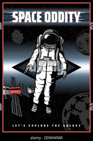 Astronaut in outer space, vector retro poster with glitch effect. Galaxy universe exploration, astronaut from spacecraft shuttle, satellites, planets Stock Vector
