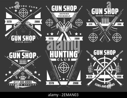 Gun shop and military ammunition weapon store vector icons. Hunting ammo rifles and defense weaponry, shooting club signs with guns, bullets and bomb Stock Vector