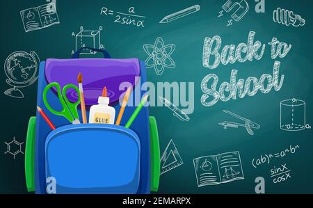 Schoolbag, back to school education chalk sketch on blackboard. Stationery and lesson drawings. School bag with pencils, glue and scissors, algebra eq Stock Vector