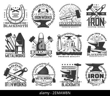 Blacksmith custom metal and iron work icons. Blacksmith workshop ...