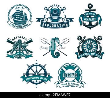 Heraldic ship anchor and helm vector icons, captain spyglass and frigate sailboat, aqualung and lifeguard buoy, seahorse and trident. Diving club, sea Stock Vector