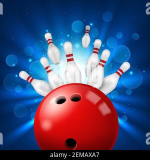Strike in bowling alley 3d realistic vector. Pins flying aside after powerful kick of red ball. Bowling club or sport tournament background with knock Stock Vector