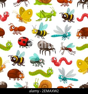 Cartoon insects and bugs vector seamless pattern. Background with cute ant, worm, caterpillar, bee and butterfly, spider, snail, fly and dragonfly, be Stock Vector