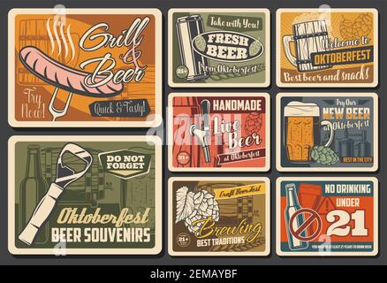 Beer alcohol drink retro posters of vector pub, brewery and bar. Bottles, glasses and mugs of beer, pint and barrel of ale or lager with hops, barley, Stock Vector