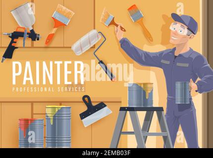 Painter profession vector design of construction industry, house repair or painting service. Cartoon painter painting wall with paint cans, brushes, r Stock Vector