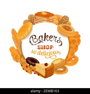 Baked desserts, cakes and buns, bread and cheesecake, wheat toasts and try bagels, croissant, chocolate donut and pancakes, waffles and gingerbread co Stock Vector