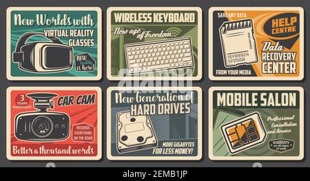 Technology devices, computer, phone and internet communication, vector retro posters. Electronic smart digital gadgets, virtual reality VR glasses, wi Stock Vector