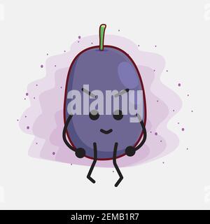 Vector Illustration of Java Plum Fruit Character with cute face, simple hands and leg line art on Isolated Background. Flat cartoon doodle style. Stock Vector