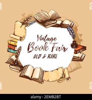 Bookstore poster, vintage books fair and rare literature festival. Vector retro sketch book store edition, antiquarian poems and novels, paper scrolls