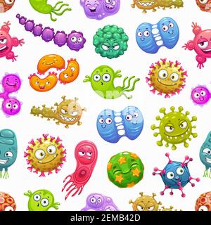 Viruses seamless pattern background with vector bacteria and germ characters. Cute microbe cell monsters of coronavirus, flu and influenza, adenovirus Stock Vector