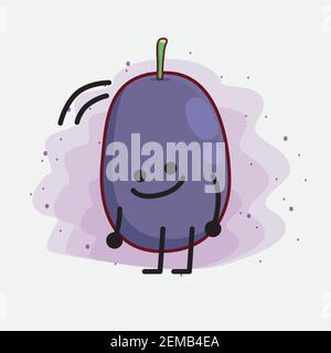 Vector Illustration of Java Plum Fruit Character with cute face, simple hands and leg line art on Isolated Background. Flat cartoon doodle style. Stock Vector