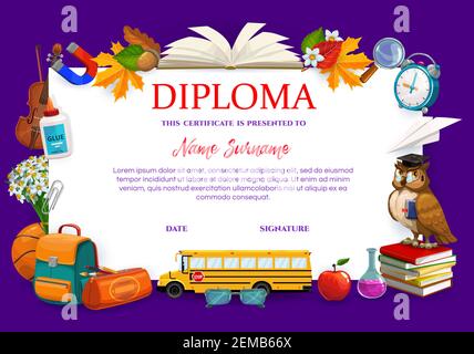 School diploma or college education certificate with student stationery, vector template. College, kid school diploma certificate, graduation and educ Stock Vector