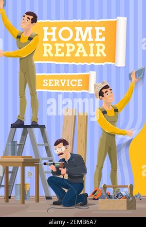 Workers gluing a wallpapers, installing a baseboard in room, painting a wall and assembling furniture with work tools. Home repair, construction, reno Stock Vector
