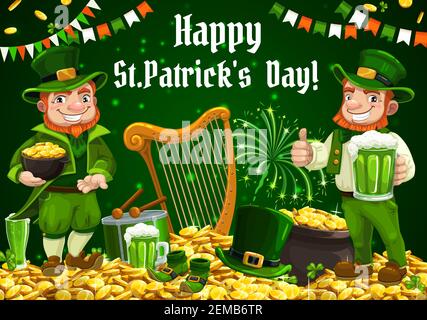 Saint Patrick day, vector leprechauns with green beer pint, thumb up and gold coins in pot, Ireland flag and St Patrick lucky shamrock clover leaf. Ir Stock Vector