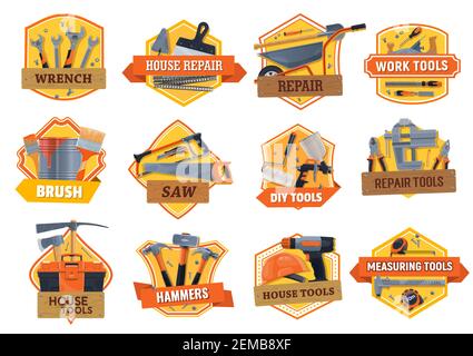 Work tools construction, house repair, building and renovation DIY toolbox, vector icons. Home remodeling work tools, carpentry hammer, woodwork saw a Stock Vector