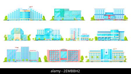 Hospital, medical clinic and ambulatory center vector icons with buildings of medicine and healthcare. Emergency health care hospital buildings with a Stock Vector