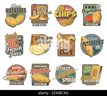 Potato products, farm and food package vector icons. Potato chips and wedge snack, fast food french fries and mashed potatoes recipe pack, tornado spi Stock Vector