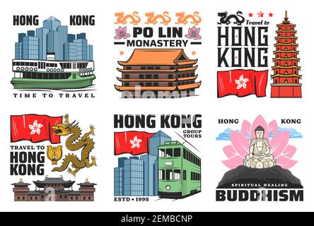 Hong Kong travel landmark buildings vector icons. Tian Tan Buddha, Thousand Buddhas temple tower and Po Lin monastery pagoda, Chi Lin nunnery and doub Stock Vector
