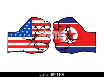 North Korea vs USA, military conflict fist punch. Vector America and North Korea flags on hands symbols, confrontation crisis, government politics and Stock Vector