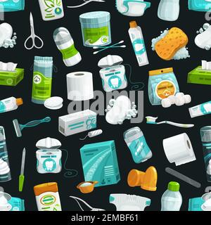 Hygiene and healthcare seamless pattern, washing and bathing items background. Health care toiletries daily cosmetics, shaving razor, hygienic tampons Stock Vector
