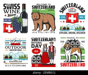 Swiss travel icons, Switzerland Alps mountains, Geneva and Zurich city culture landmarks, vector. Welcome to Switzerland, nature adventure trips, wine Stock Vector