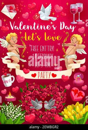 Valentines day party, romantic love holiday celebration event. Vector Valentine cupid angels, dove birds with love message, wine glasses and floral bu Stock Vector