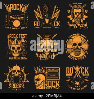 Hard rock festival, heavy mental band concert vector icons. Skull with horns and beard in crown, crossed rock guitars, drums and fire flames with ligh Stock Vector