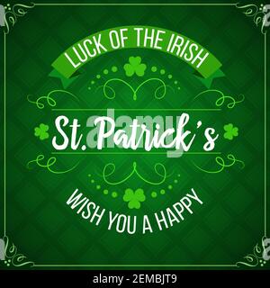 St Patricks Day Irish holiday vector greeting card. Green leaves of shamrock or clover on square tartan pattern background, decorated with vintage vig Stock Vector