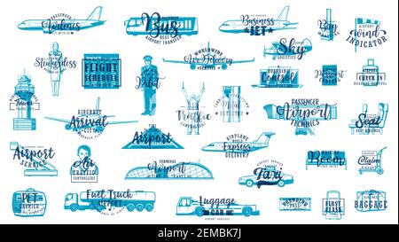 Airport vector icons of air transportation and travel sketches with letterings. Airplanes, passport control, luggage suitcase and plane ticket, airpor Stock Vector