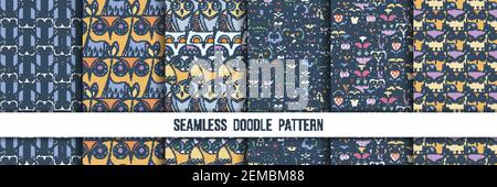 Set of seamless doodle owl patterns. Cute print collection for kids, scrap and other. Vector endless illustrations Stock Vector