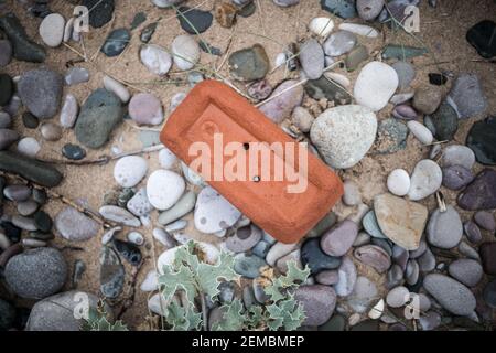 Washed up single old red building brick on beach weathered smooth texture and rounded worn down by sea in ocean seashore isolated with selective focus Stock Photo