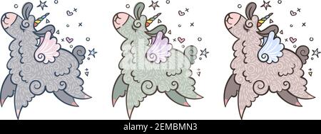 Set of cute curly llama-unicorns who flying and dancing with happiness. Illustration with border in different colors for coloring pages, children and Stock Vector