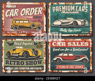 Retro cars vector vintage rusty metal plates. Rarity classic cars museum exhibition and old transport parade show, premium vehicles showroom, automobi Stock Vector
