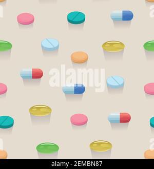 Seamless pattern with colorful bright pills and capsules. Stock Vector