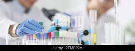Two researchers are conducting experiments in laboratory. Stock Photo