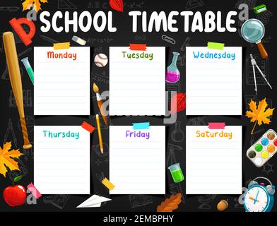 School timetable and lessons weekly planner on chalkboard with sticky notes, vector template. School schedule time table with education items, book, p Stock Vector