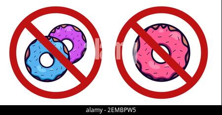 Ban on junk food. Harm to health. Set of different donuts in the prohibition sign. Cartoon treats in the forbidden sign. Vector badge for stickers and Stock Vector