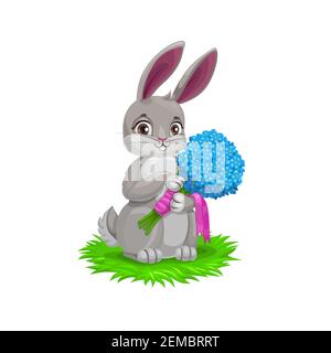 Easter bunny with flower bouquet, vector Easter holiday egg hunt party. Cartoon hare animal holding spring flowers of blue forget-me-not with pink rib Stock Vector