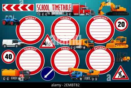 School timetable schedule vector education template with vehicles. Car, tractor, truck and crane, excavator, bulldozer, forklift and dump trucks, moto Stock Vector