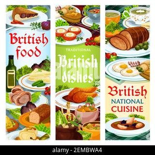 British food vector meals English dishes kok-e-liki scotch soup, cod with sauce and scotch smoked trout plate. Kidney soup, beef wellington and scotti Stock Vector