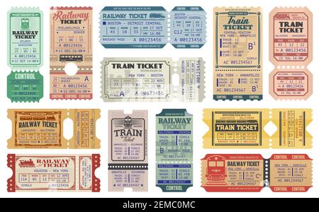 Railway tickets, vector train travel passes, vintage cardboard and carton paper tickets. USA American railway train tickets to central station destina Stock Vector