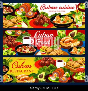 Cuban cuisine vector banners. Cuban food restaurant posters. Meat meals, fruit and bakery desserts. Ajiaco stew, meatloaf, coffee cupcakes and avocado Stock Vector