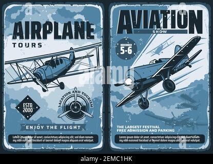 Aviation show, custom airplanes professional pilot flights festival, vector vintage retro posters. Civil aviation, military airforce and propeller air Stock Vector