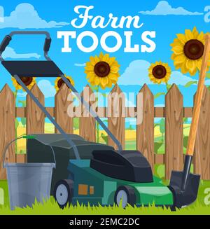 Farming tools vector lawn mower, bucket and shovel on green grass front of wooden fence with sunflowers. Gardening and farming tools. Agriculture, far Stock Vector